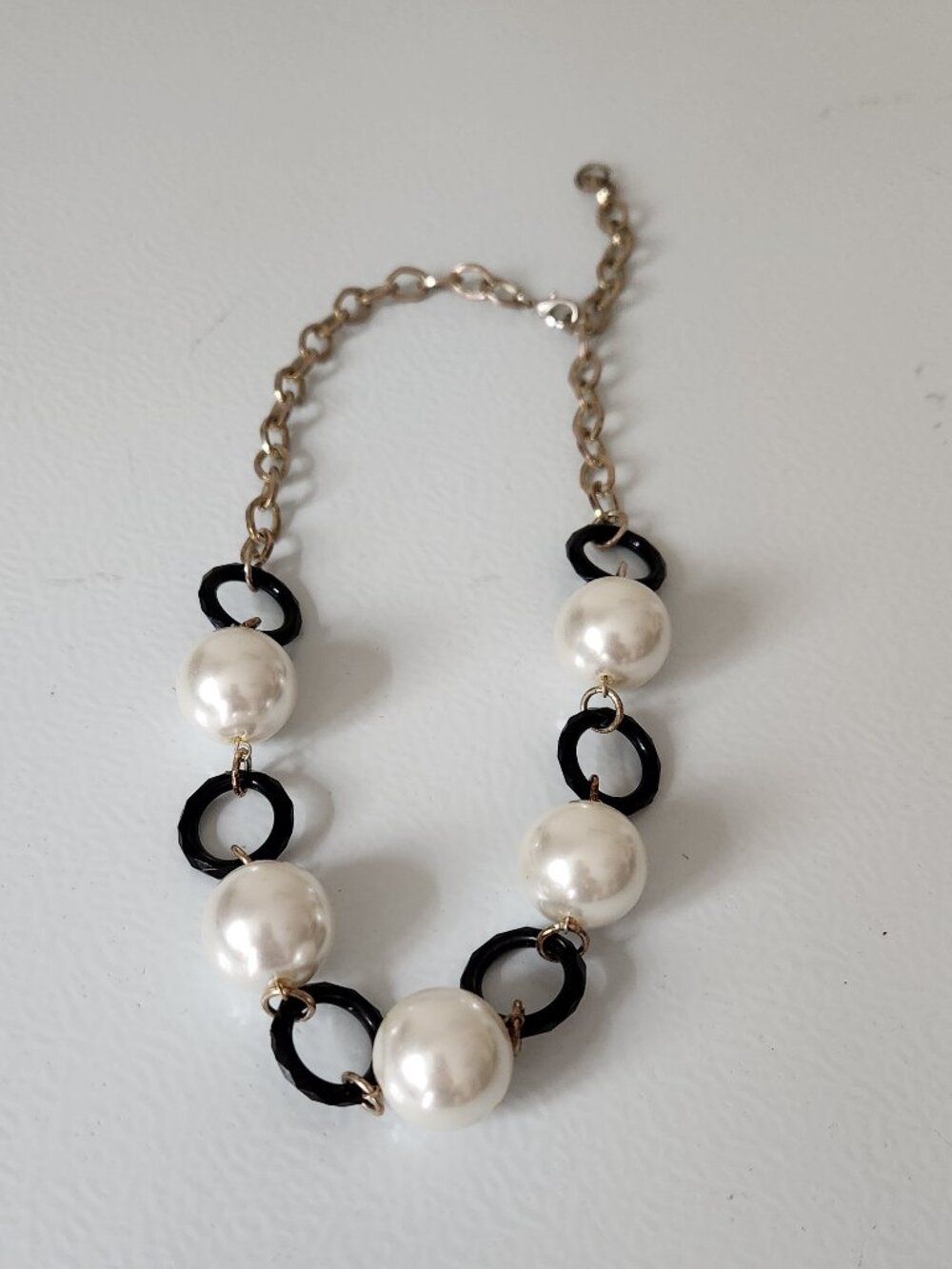 Black Enamel & Pearl Link Necklace